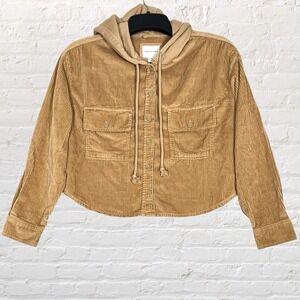 American Eagle Hooded Cropped Corduroy Button-Up Shirt Size M Brown Layering Y2K